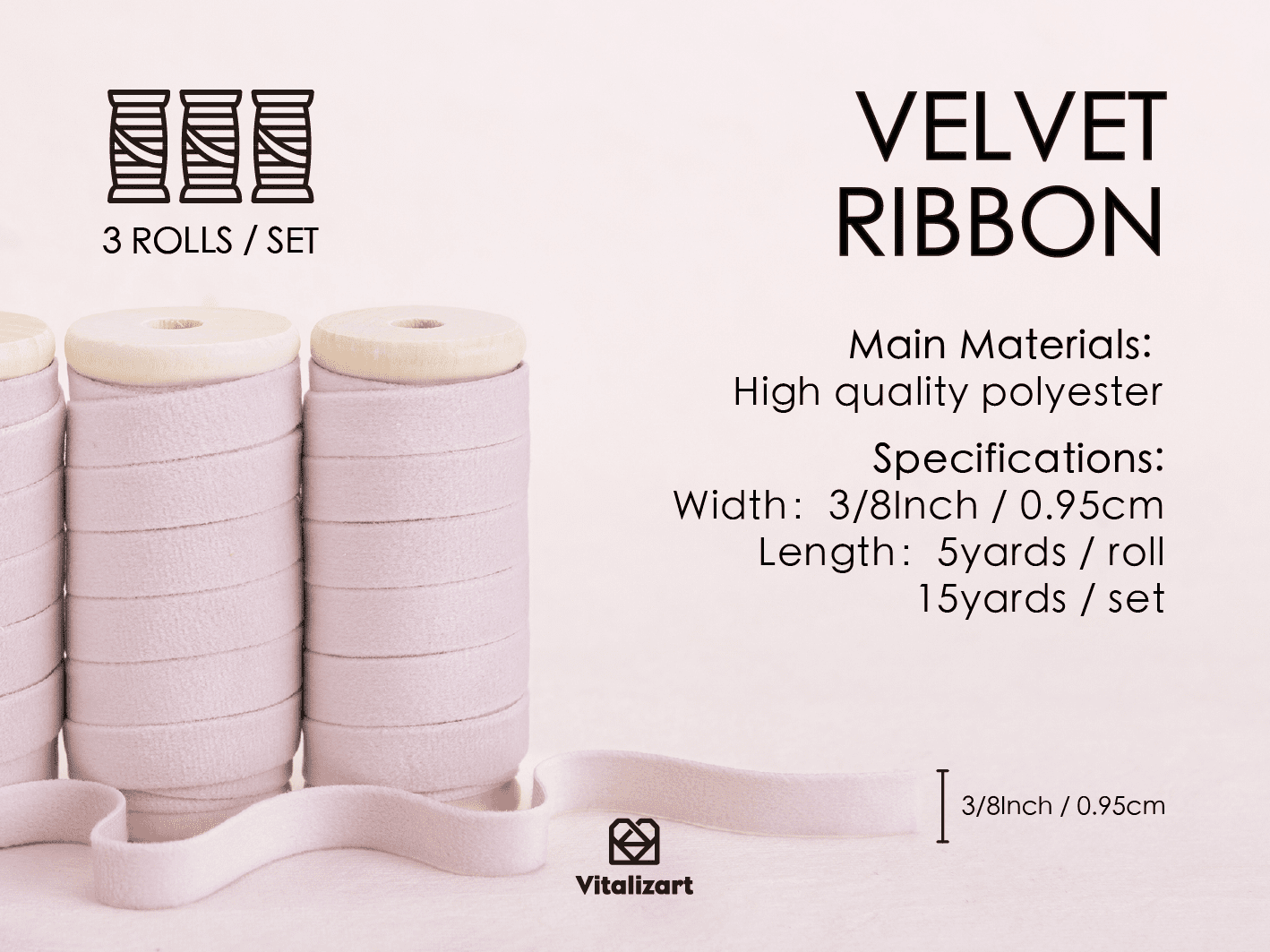 Velvet Ribbon With Wooden Spool 3/8" x 15 Yd (Pink) - Vitalizart