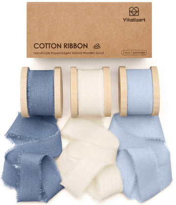Vitalizart Ribbon Cotton Handmade Fringe 1" x 15 Yd  Pure Natural Cotton Ribbons (Dusty Blue)