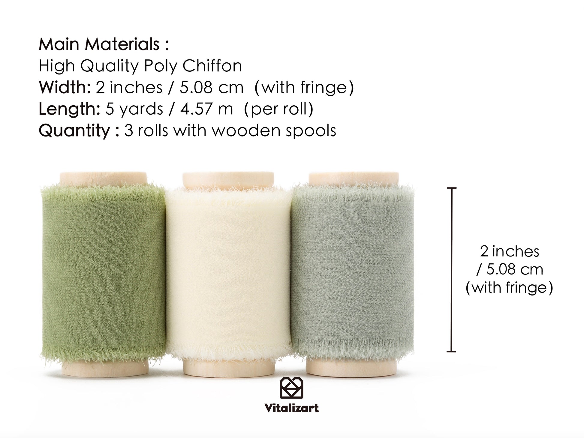 Chiffon Ribbon with Wooden Spool 2" x 15 Yd (Green & Cream) - Vitalizart