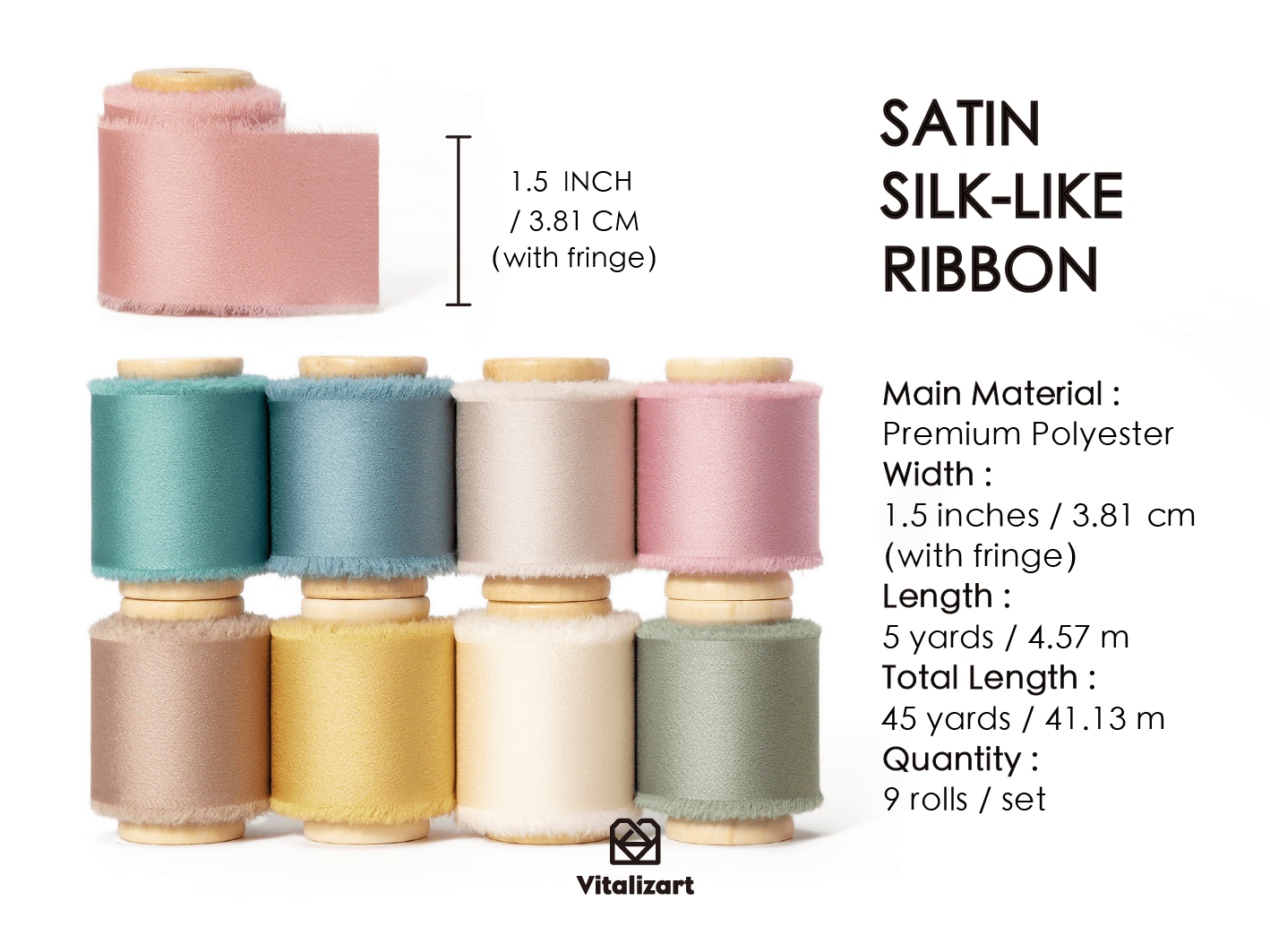 Silk Satin Ribbon with Wooden Spool 1.5" x 45 Yard (Mixed Color) - Vitalizart