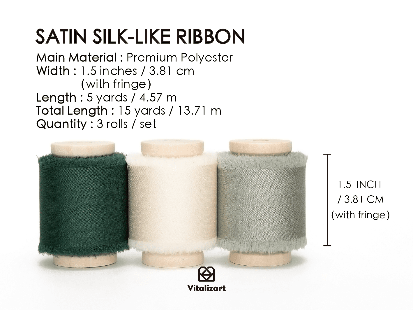 Silk Satin Ribbon with Wooden Spool 1.5” x 15 Yd (Green & Cream) - Vitalizart