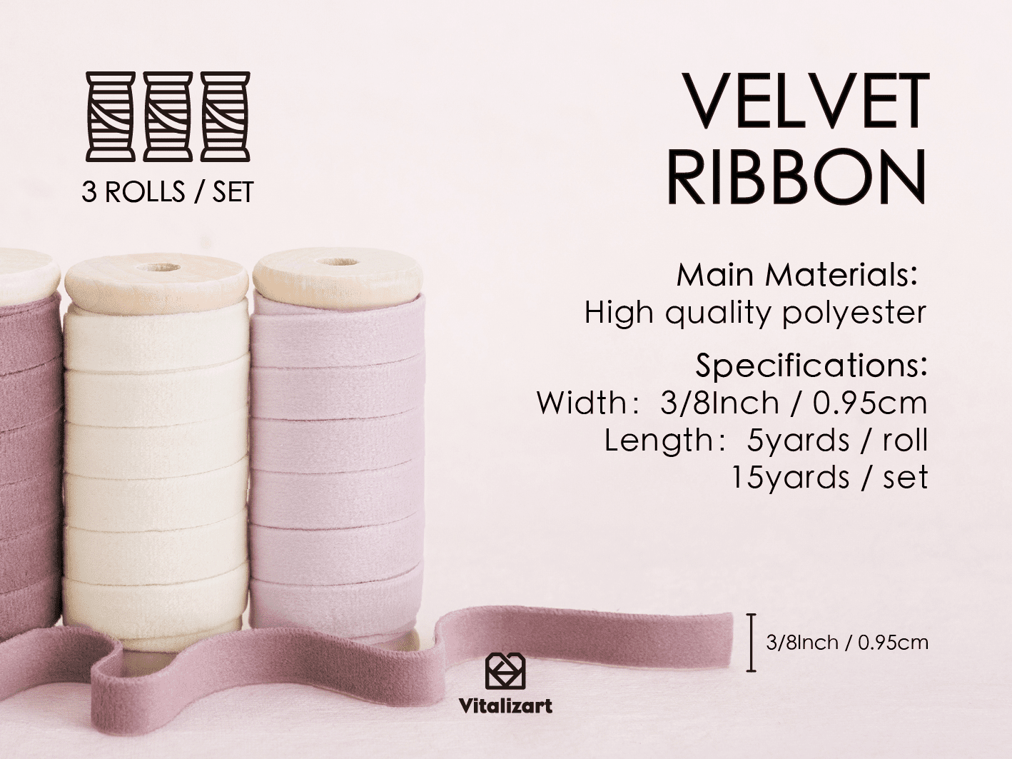 Velvet Ribbon With Wooden Spool 3/8" x 15 Yd (Pink & White) - Vitalizart