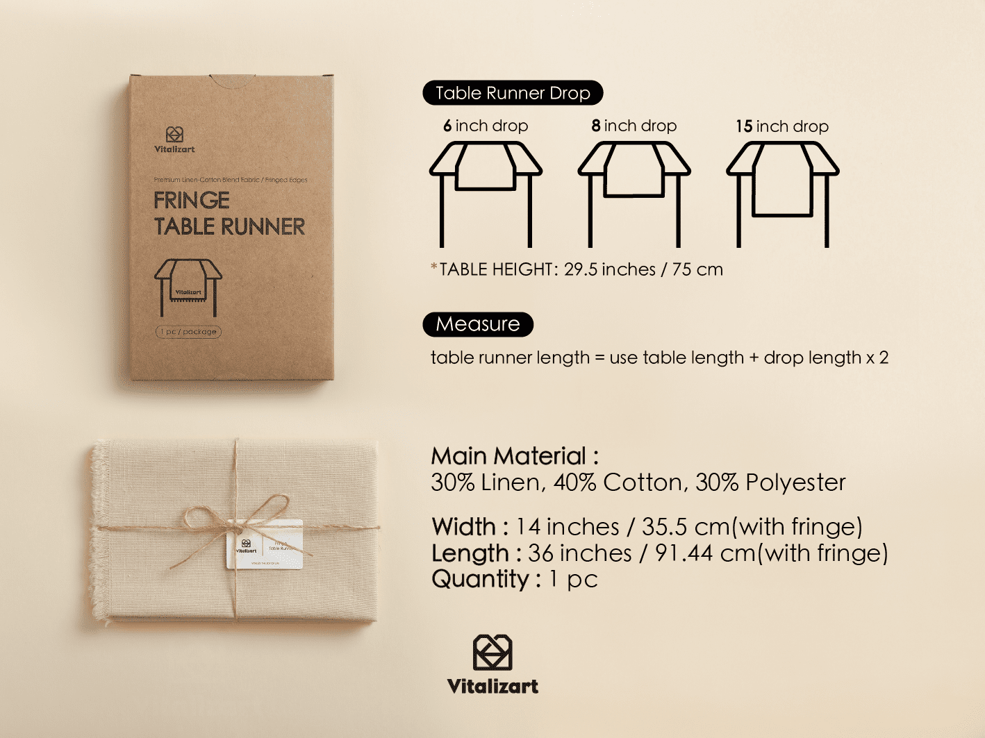 Cotton Linen Table Runner 14 x 36 Inches (Nude Tan) - Vitalizart