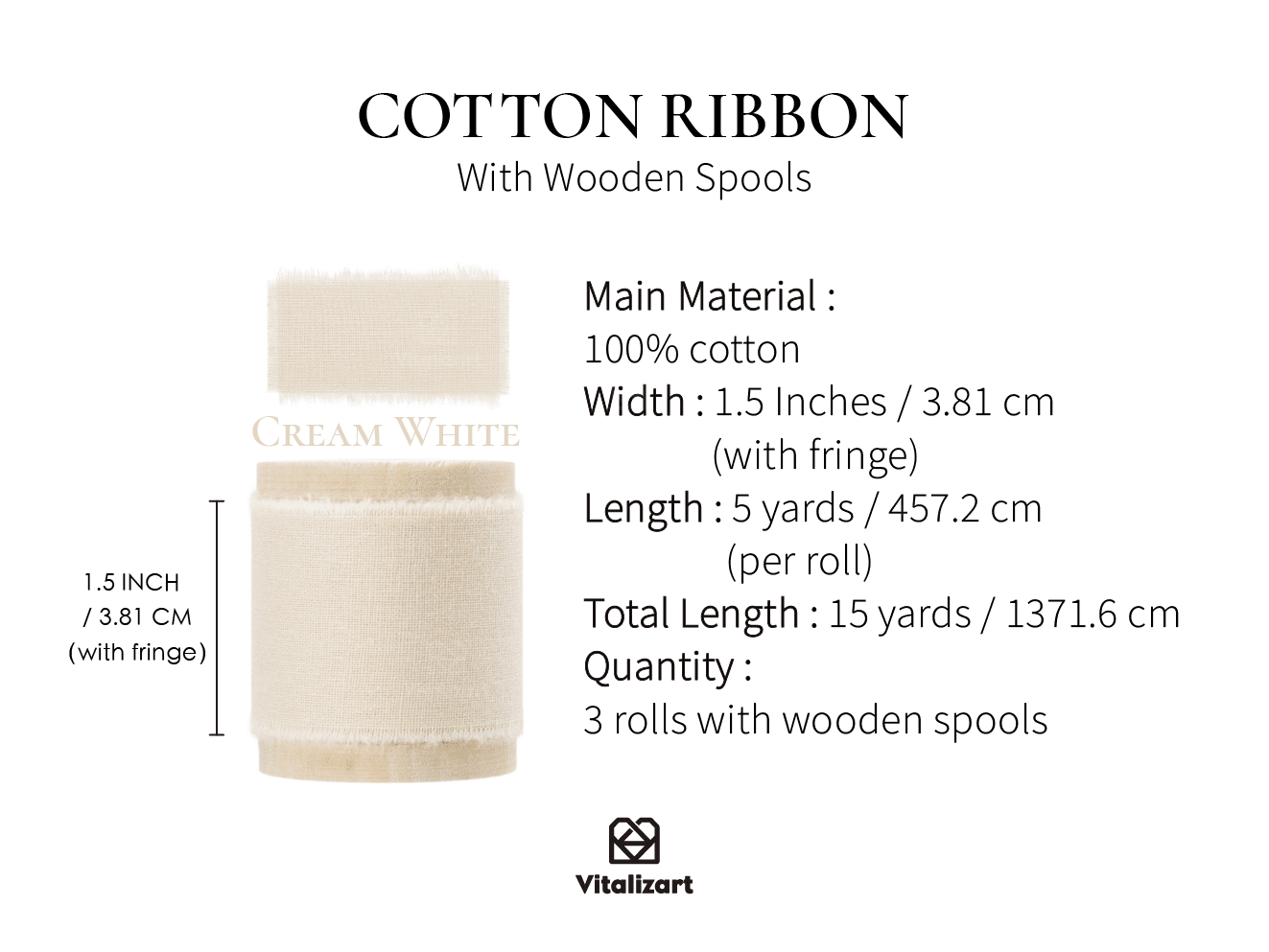 Cotton Ribbon Handmade Fringe 1.5" x 15 Yd (Cream White) - Vitalizart