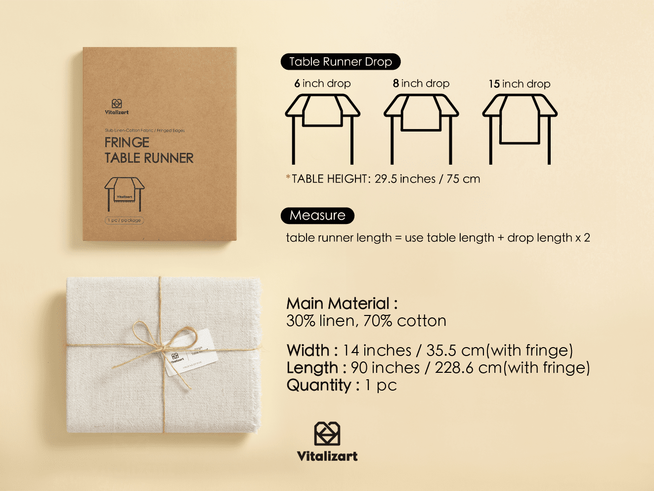 Cotton Linen Table Runner 14 x 90 Inches (Light Beige) - Vitalizart