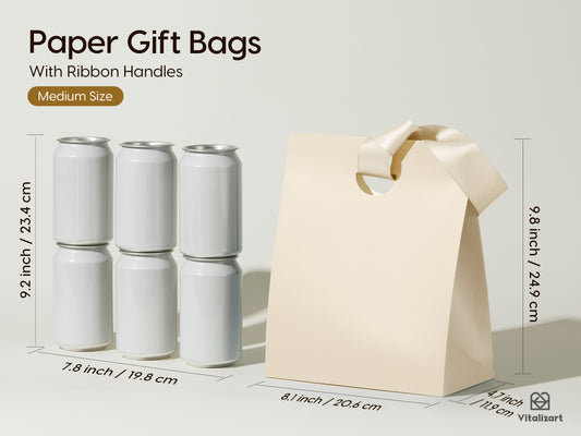 Cream White Medium Size/10pcs Paper Gift Bags with Ribbon Handles — Set of 10 - Vitalizart
