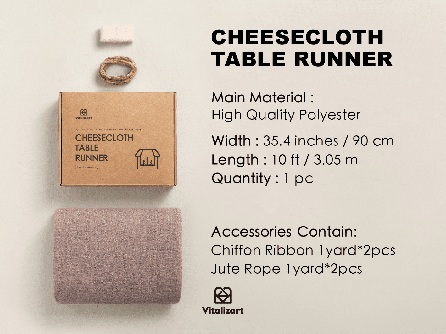 Cheesecloth Table Runner 35 x 120 Inches (Rose Taupe) - Vitalizart
