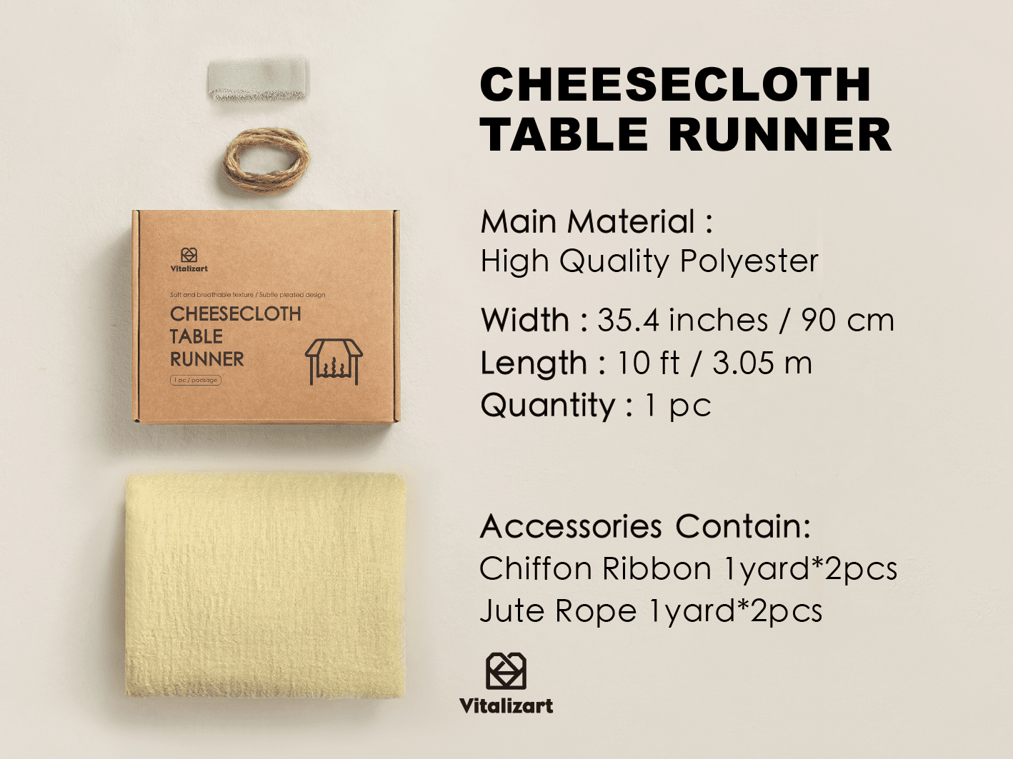 Cheesecloth Table Runner 35 x 120 Inches (Sand) - Vitalizart