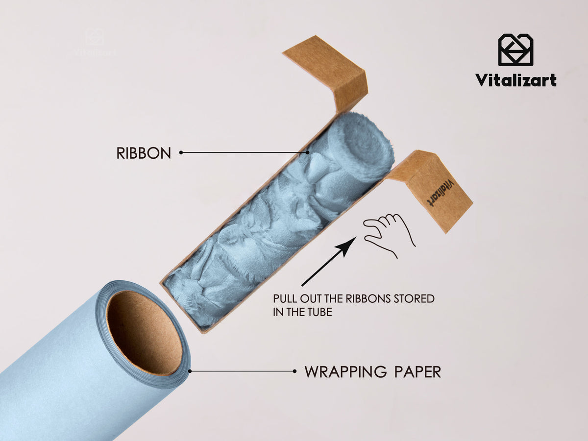 Wrapping Paper Set 30"x197" Pearly-Lustre With Silk Like Satin Ribbon & Gift Tags (Dusty Blue Paper & Dusty Blue Ribbons) - Vitalizart