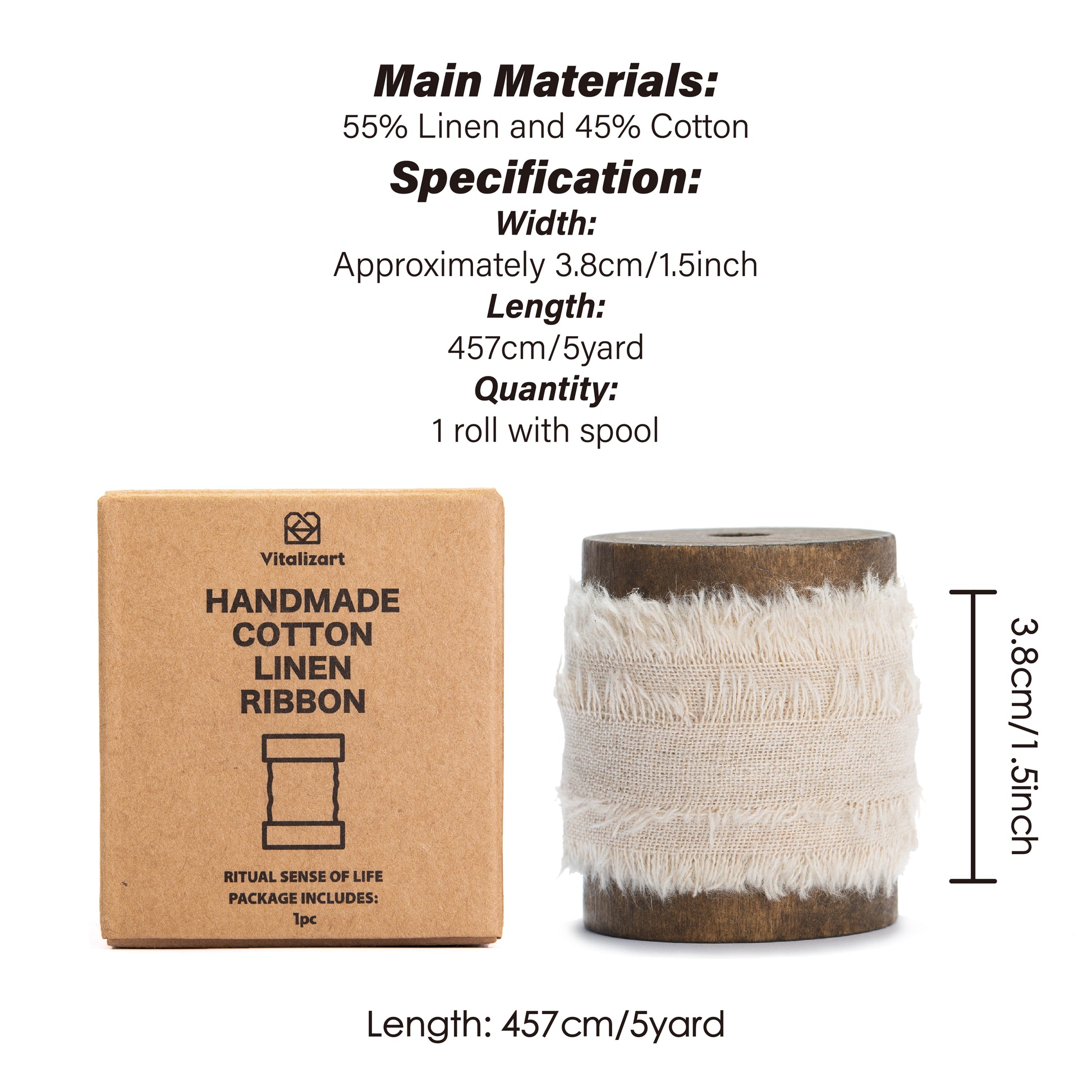 Cotton Linen Ribbon 1.5" x 5Yd (Beige) - Vitalizart