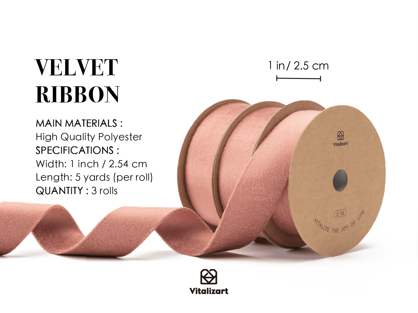 Double Faced Velvet Ribbon Set 1" x 15 Yd (Dusty Pink) - Vitalizart