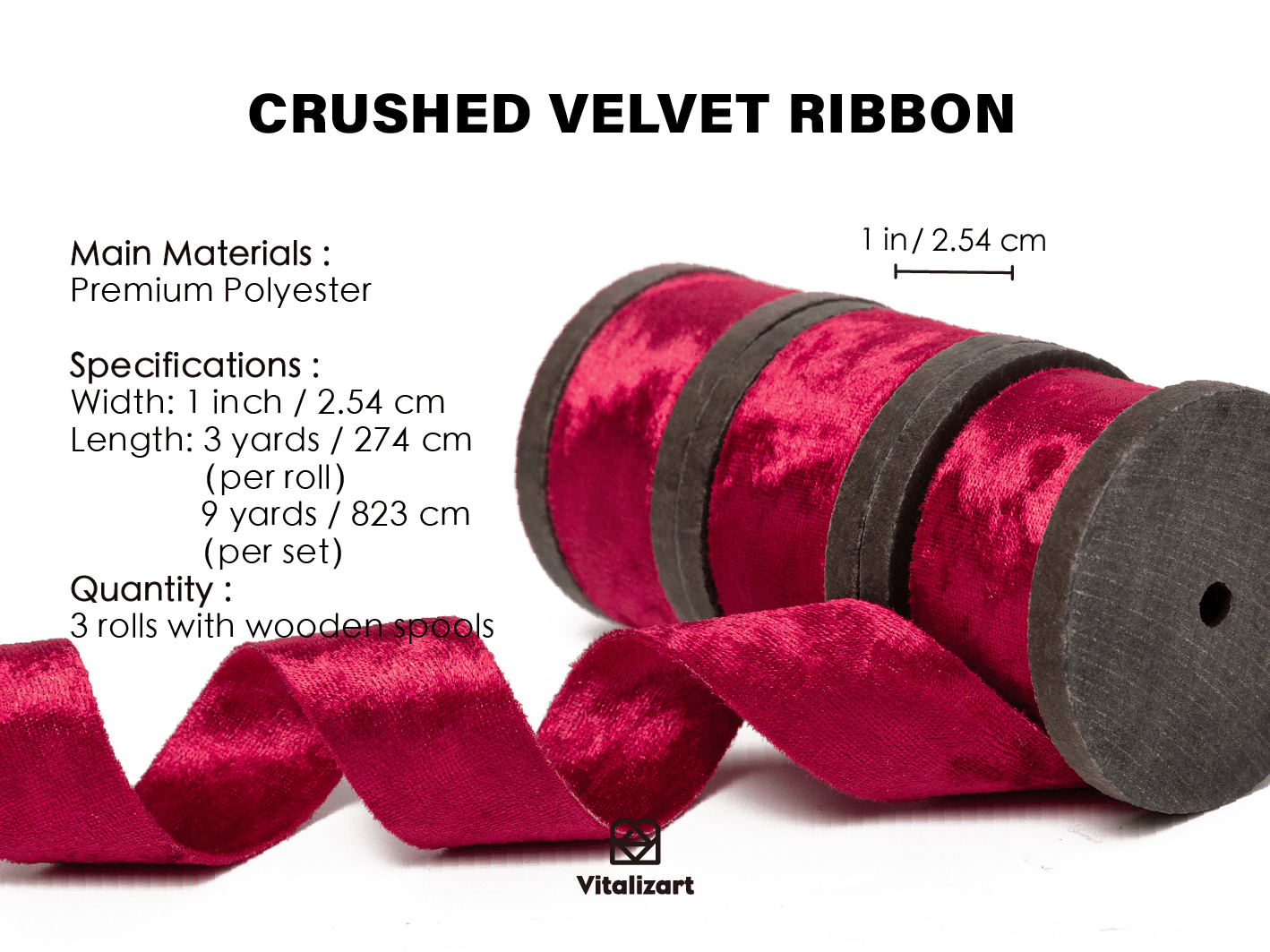 Deluxe Velvet Ribbon Set With Wooden Spool 1" x 9Yd (Red) - Vitalizart