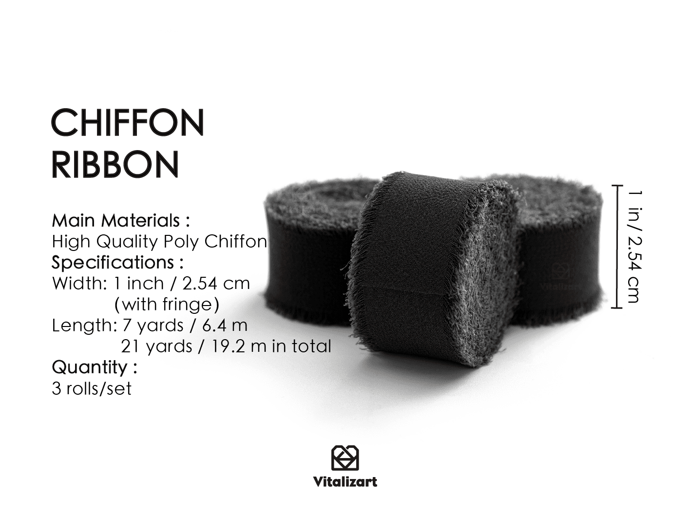Chiffon Silk Ribbon 1" x 21 Yd (Dark Black) - Vitalizart