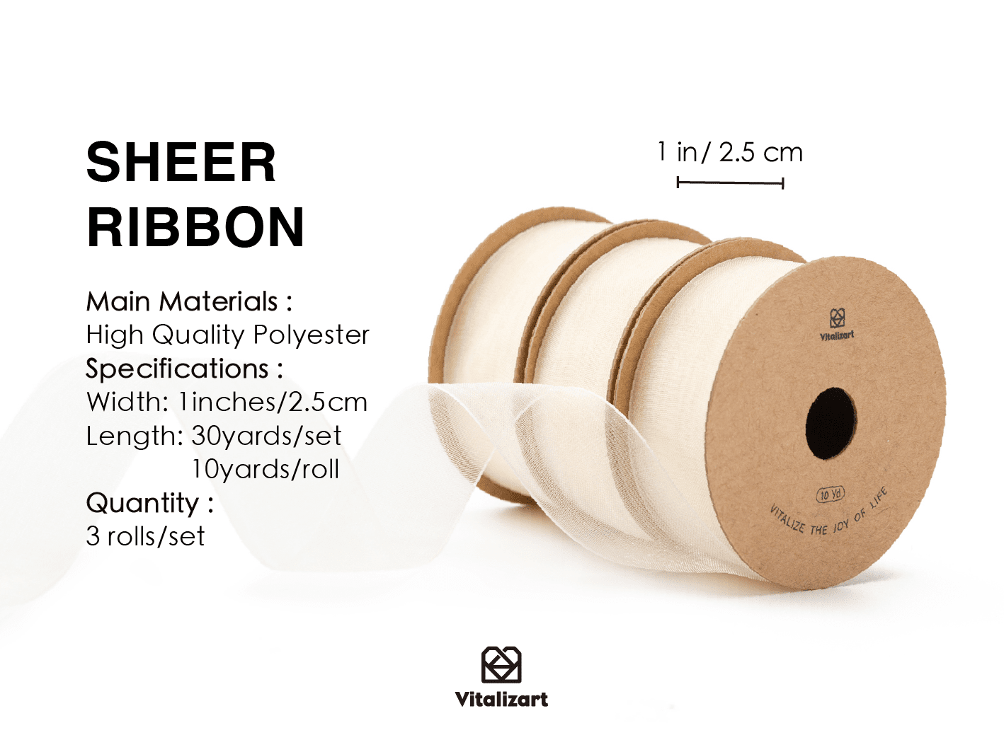 Organza Sheer Ribbon 1“ x 30 Yd (Ivory) - Vitalizart
