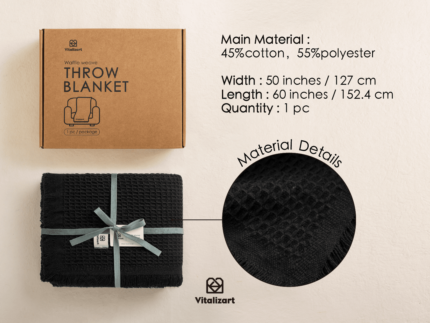 Lightweight Throw Blanket 50" x 60" (Black) - Vitalizart