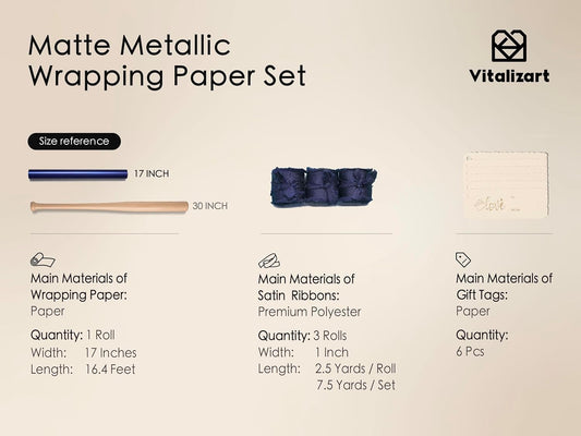 Wrapping Paper Set 17"x197" Matte Metallic With Silk Satin Ribbon & Gift Tags for Baby (Blue Paper & Blue Ribbons)