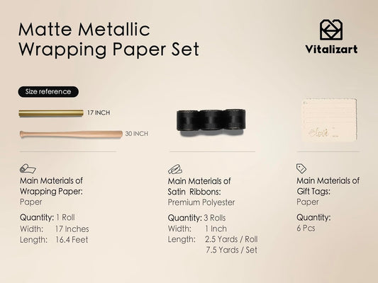 Wrapping Paper Set 17"x197" Matte Metallic With Silk Satin Ribbon & Gift Tags for Baby (Gold Paper & Black Ribbons)
