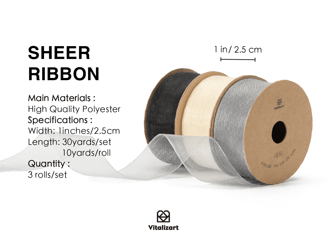 Organza Sheer Ribbon 1“ x 30 Yd (Cream White Black & Silver) - Vitalizart