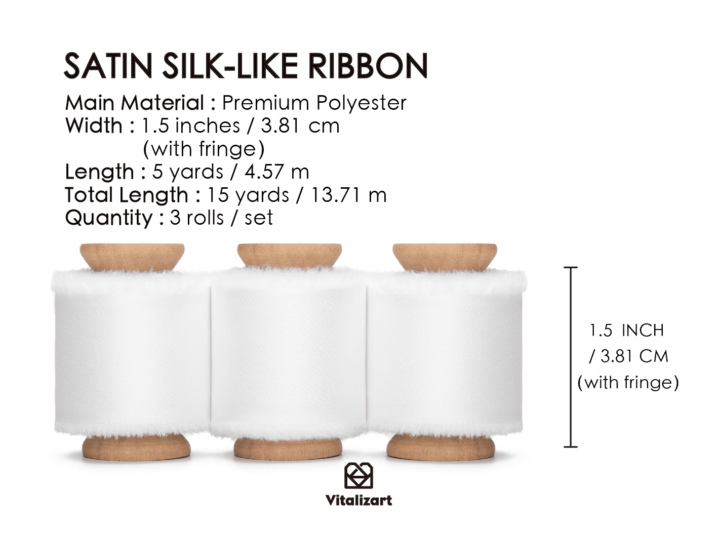 Silk Satin Ribbon with Wooden Spool 1.5” x 15 Yd (White) - Vitalizart