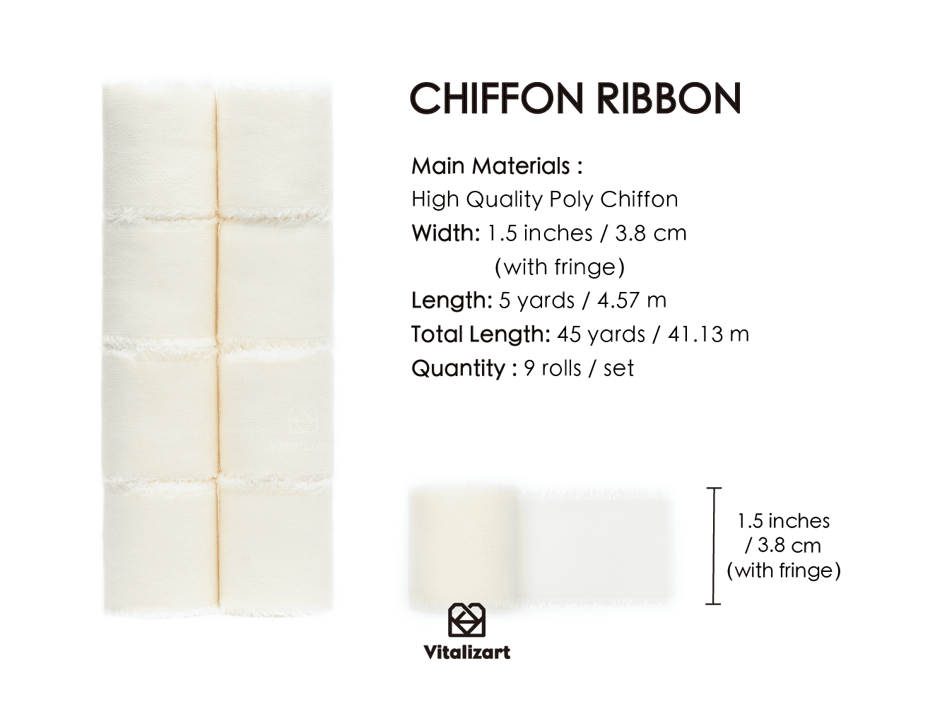 Fringe Chiffon Silk Ribbon 1.5" x 45Yd (Cream White) - Vitalizart