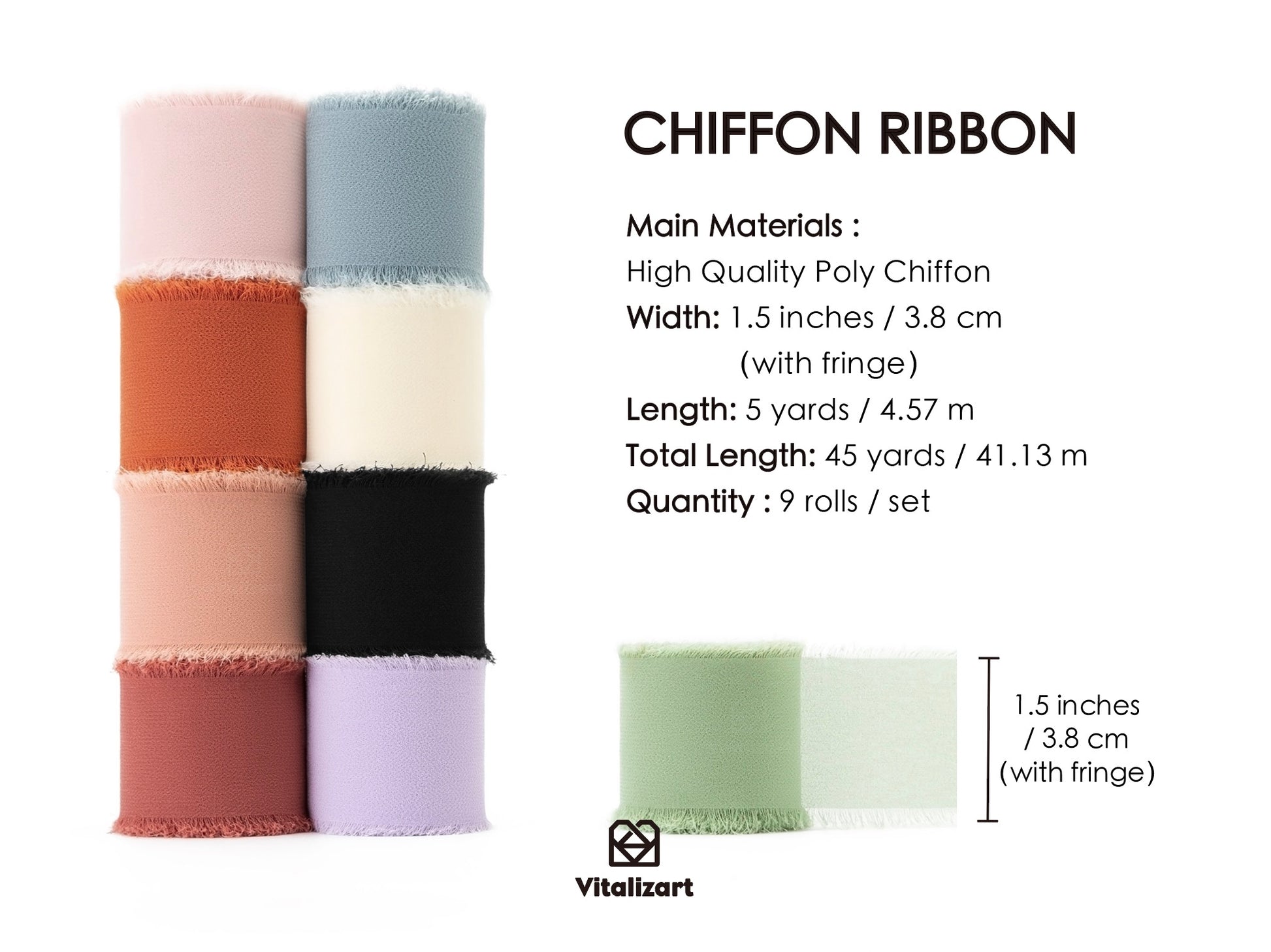 Fringe Chiffon Silk Ribbon 1.5" x 45 Yard (Mixed Color) - Vitalizart
