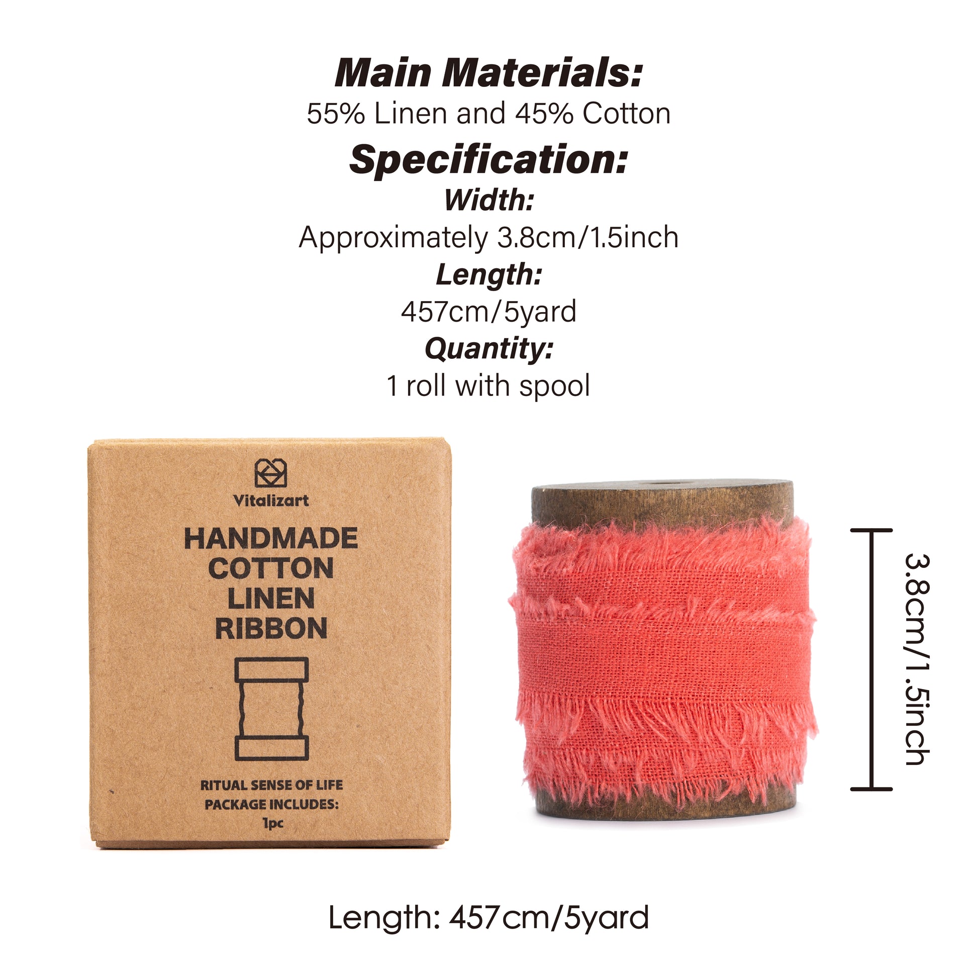 Cotton Linen Ribbon 1.5" x 5Yd (Coral Pink) - Vitalizart