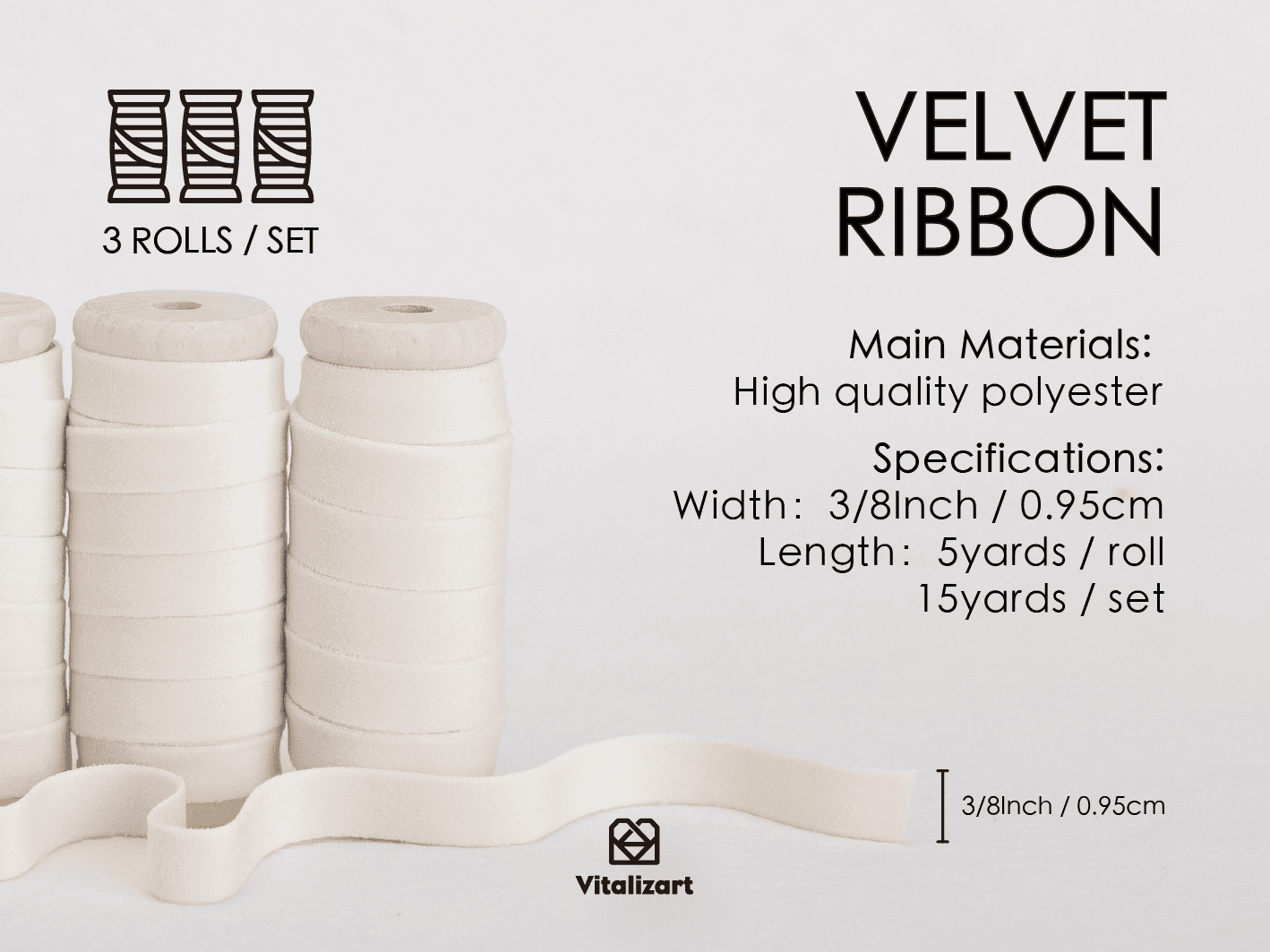 Velvet Ribbon With Wooden Spool 3/8" x 15 Yd (Ivory) - Vitalizart