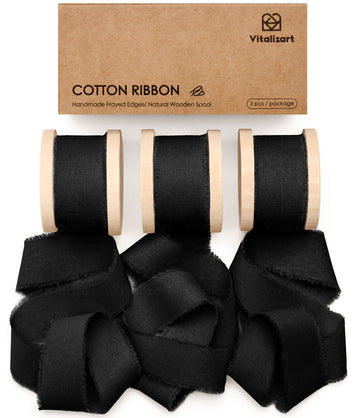 Vitalizart Ribbon Cotton Handmade Fringe 1" x 15 Yd  Pure Natural Cotton Ribbons (Black)