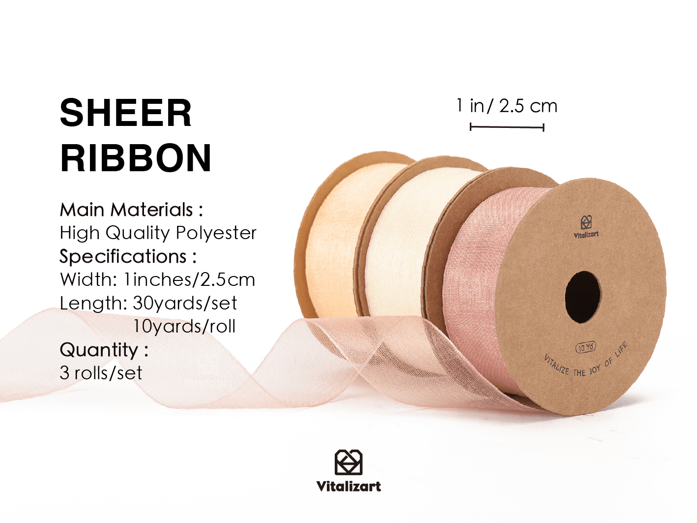 Organza Sheer Ribbon 1“ x 30 Yd (Rose Gold & Cream) - Vitalizart