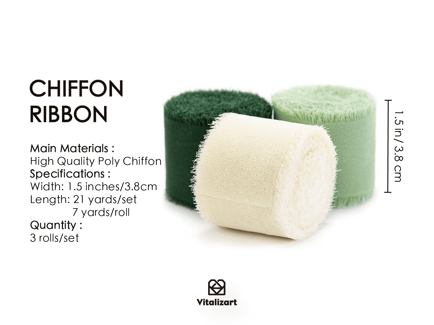 Fringe Chiffon Silk Ribbon 1 1/2 Inch x 21Yd (Cream & Green) - Vitalizart