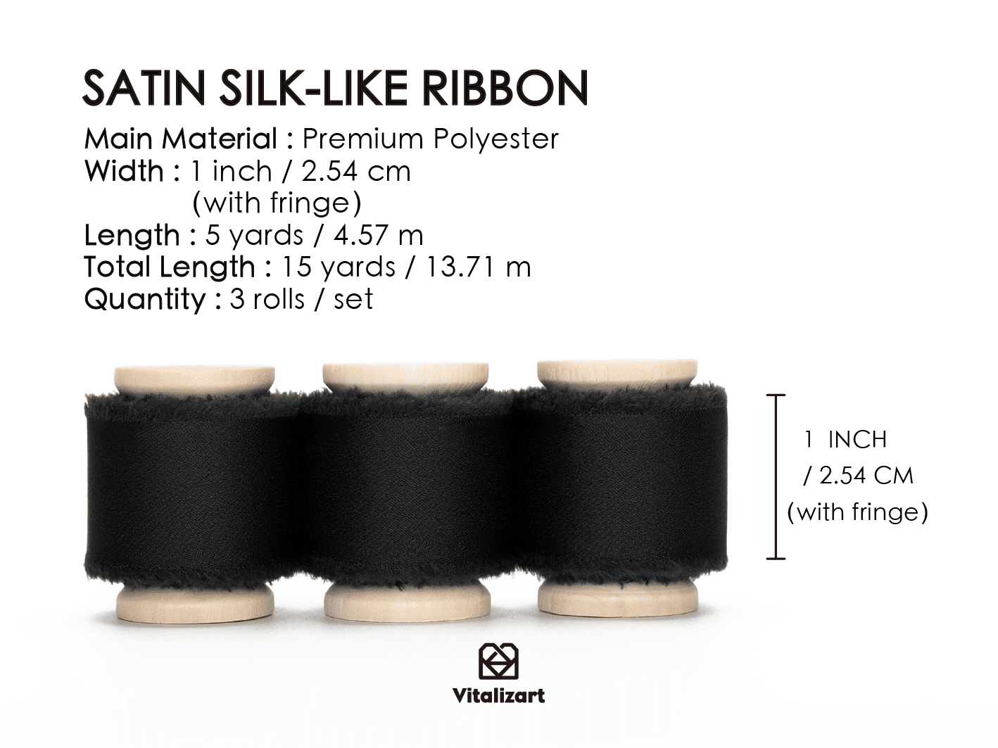 Silk Satin Ribbon With Wooden Spool 1" x 15 Yd (Black) - Vitalizart