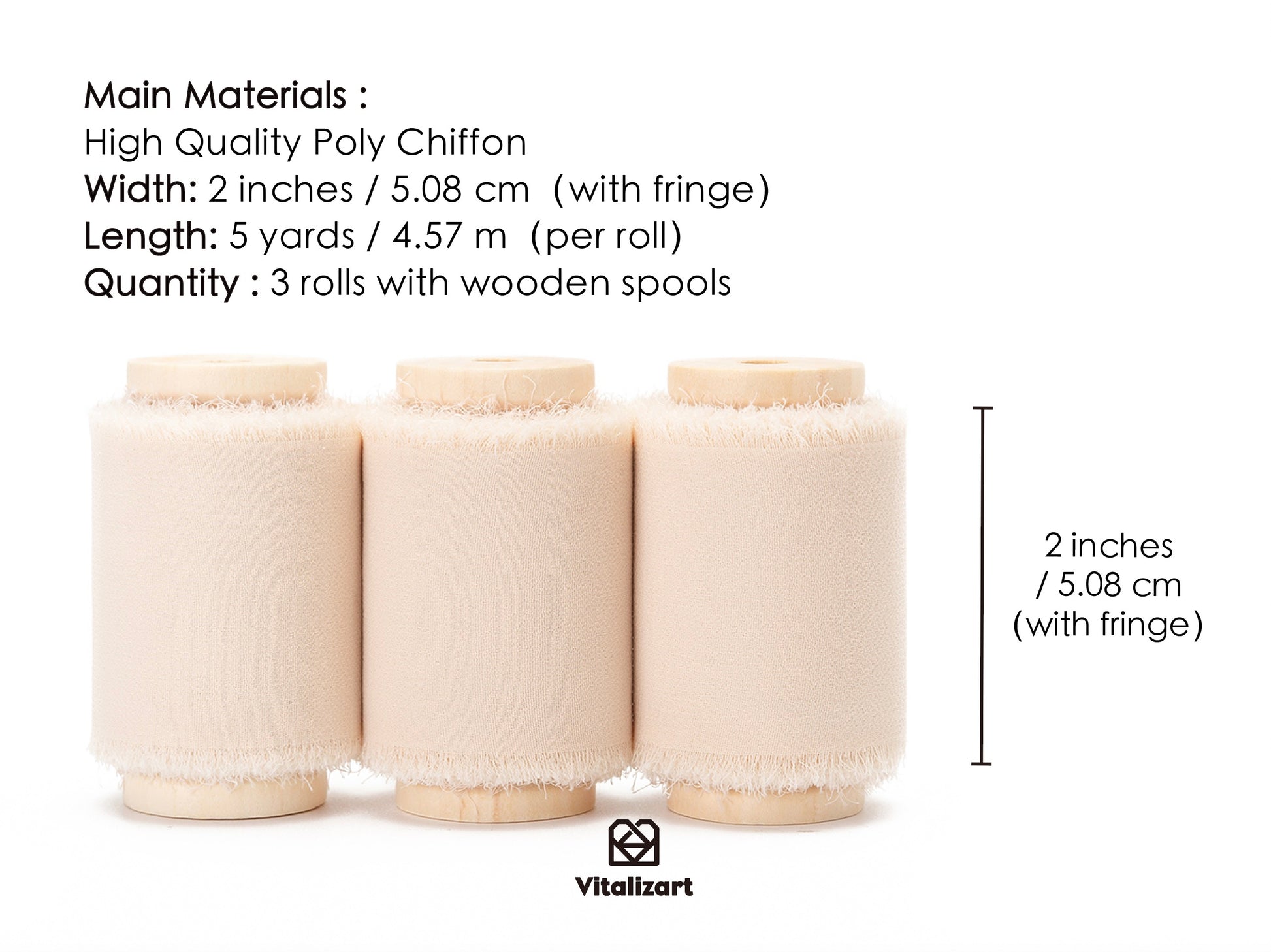 Chiffon Ribbon with Wooden Spool 2" x 15 Yd (Light Nude) - Vitalizart
