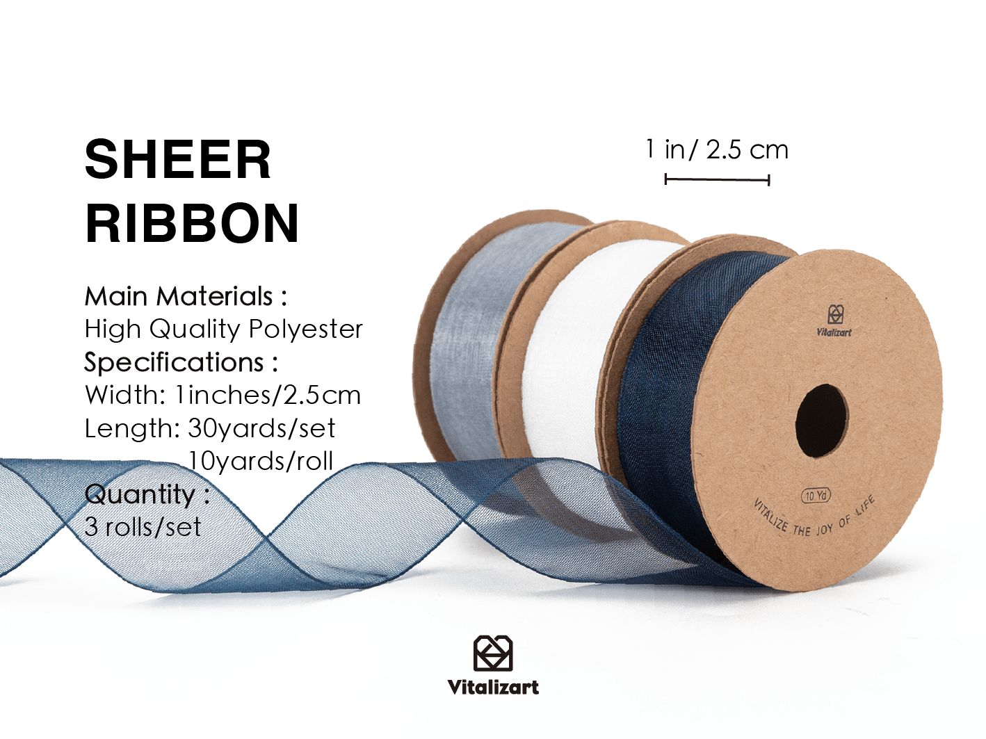 Organza Sheer Ribbon 1“ x 30 Yd (Blue & White) - Vitalizart