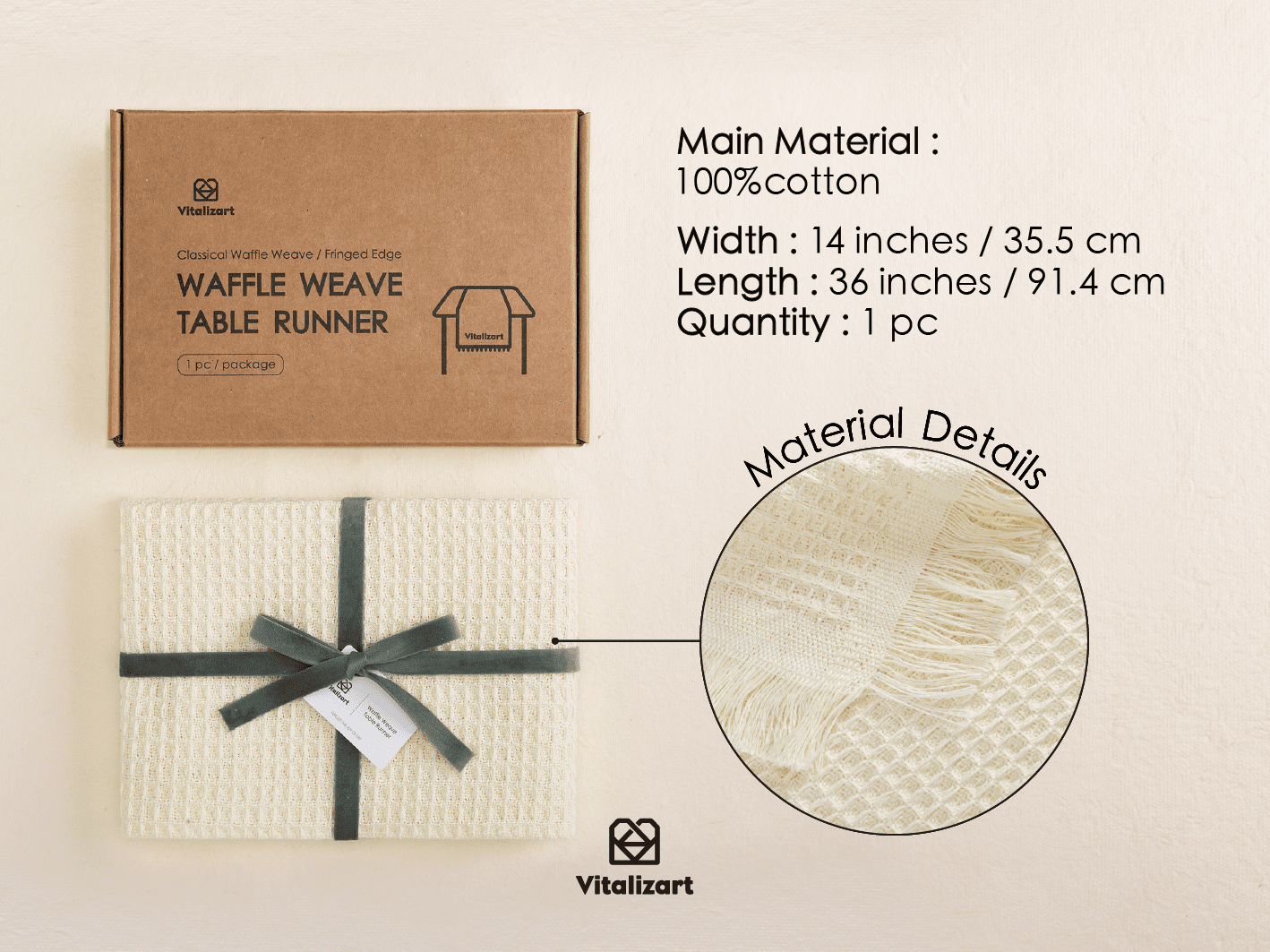 Waffle Weave Cotton Table Runner 14"x36" (Cream) - Vitalizart
