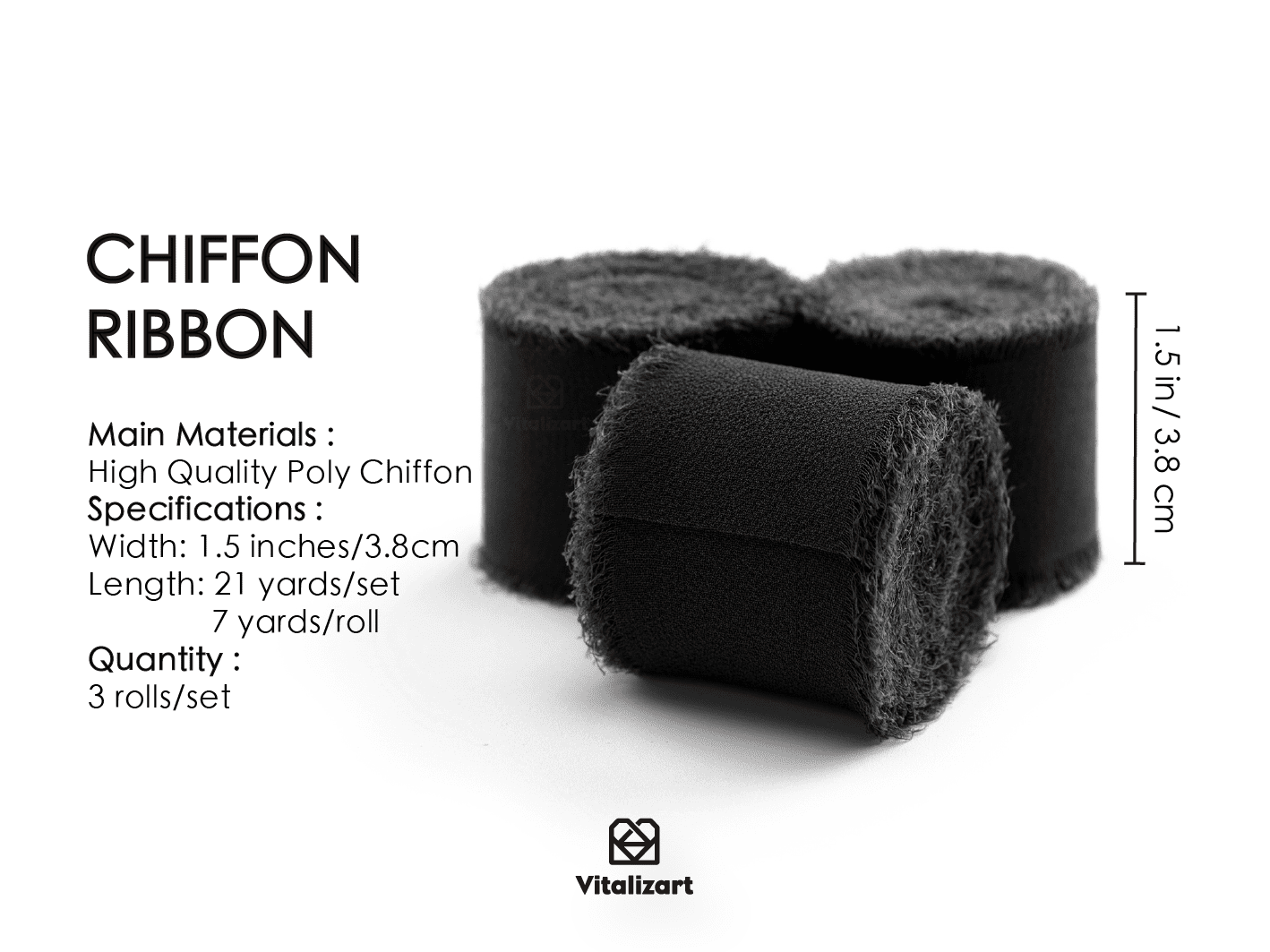 Fringe Chiffon Silk Ribbon 1.5" x 21Yd (Black) - Vitalizart