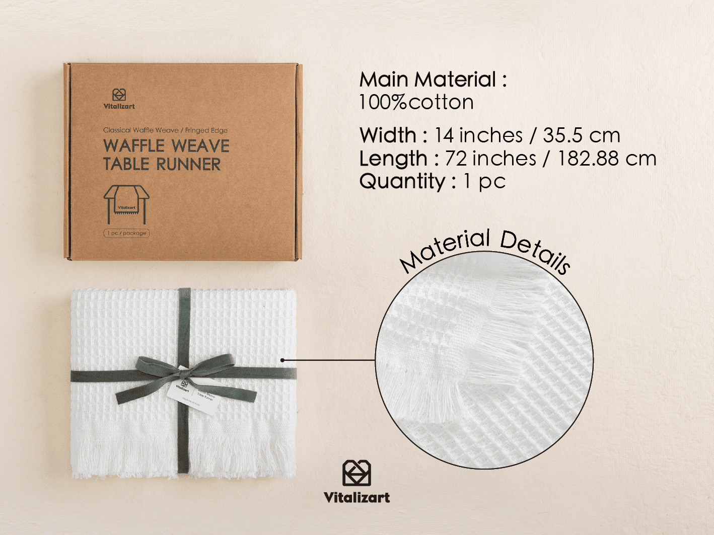 Waffle Weave Cotton Table Runner 14"x72" (White) - Vitalizart