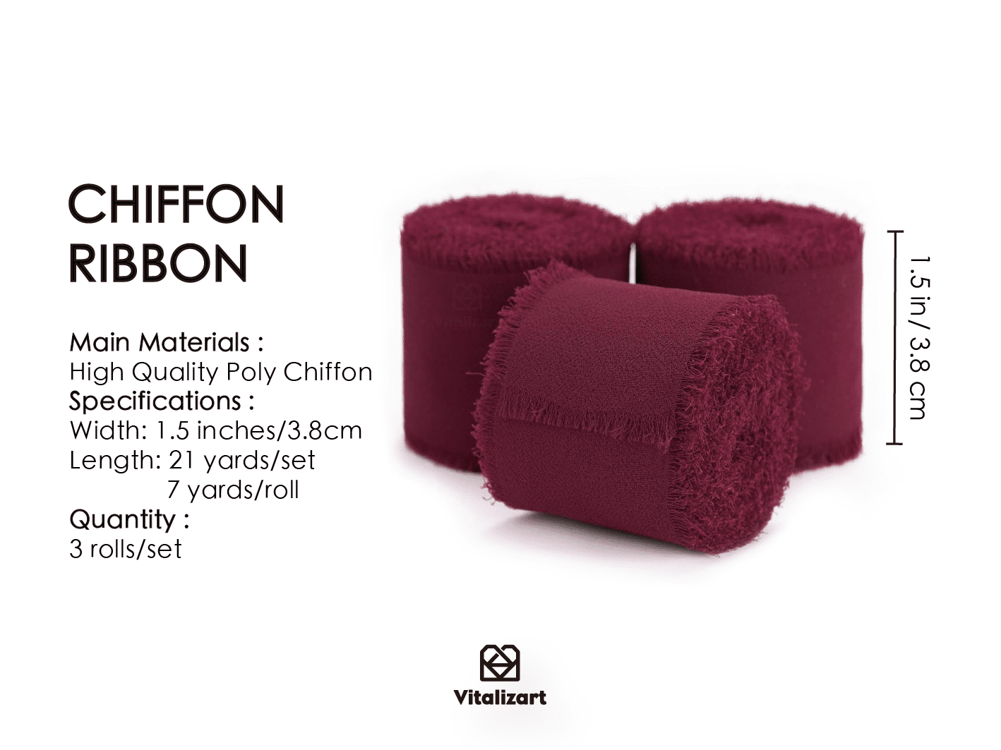 Fringe Chiffon Silk Ribbon 1.5" x 21Yd (Burgundy Red) - Vitalizart