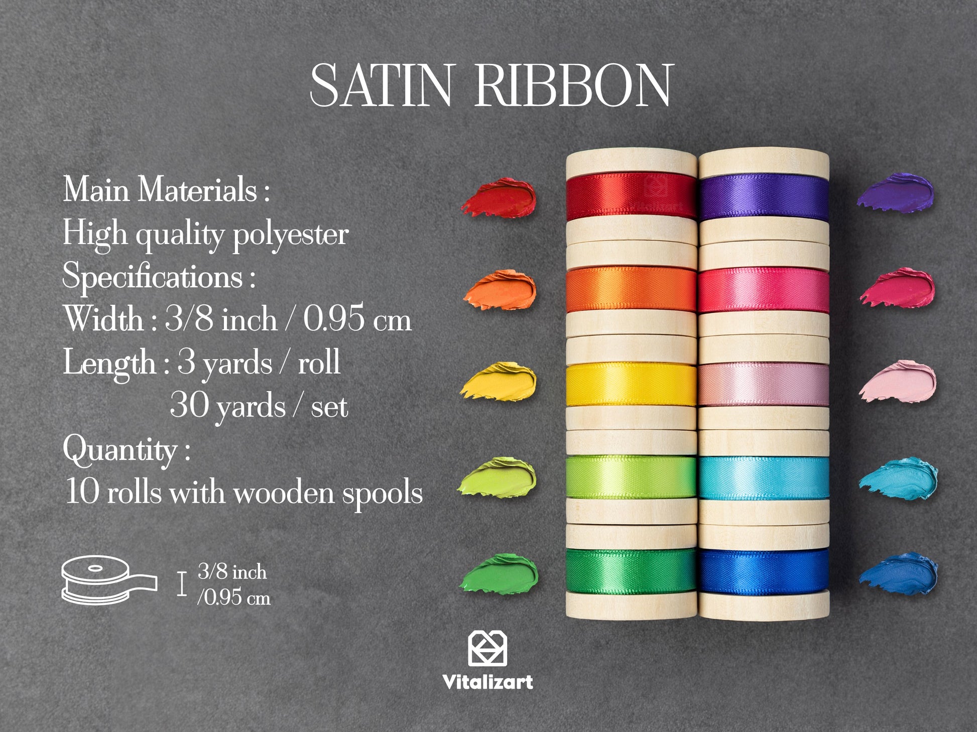 Double Faced Satin Ribbon 3/8" x 30 Yd (Rainbow Colors) - Vitalizart
