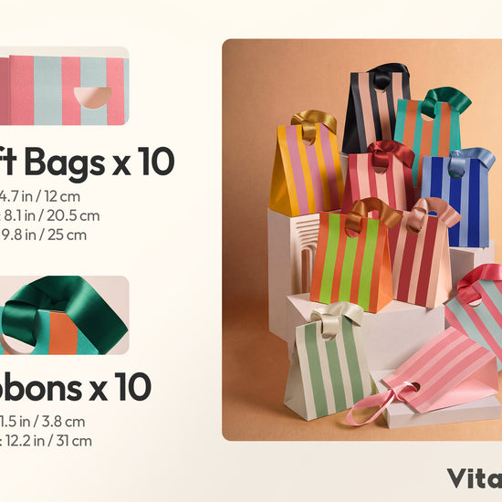 Mixed-Color Striped Paper Medium Gift Bags with Ribbon Handles — Set of 10 - Vitalizart