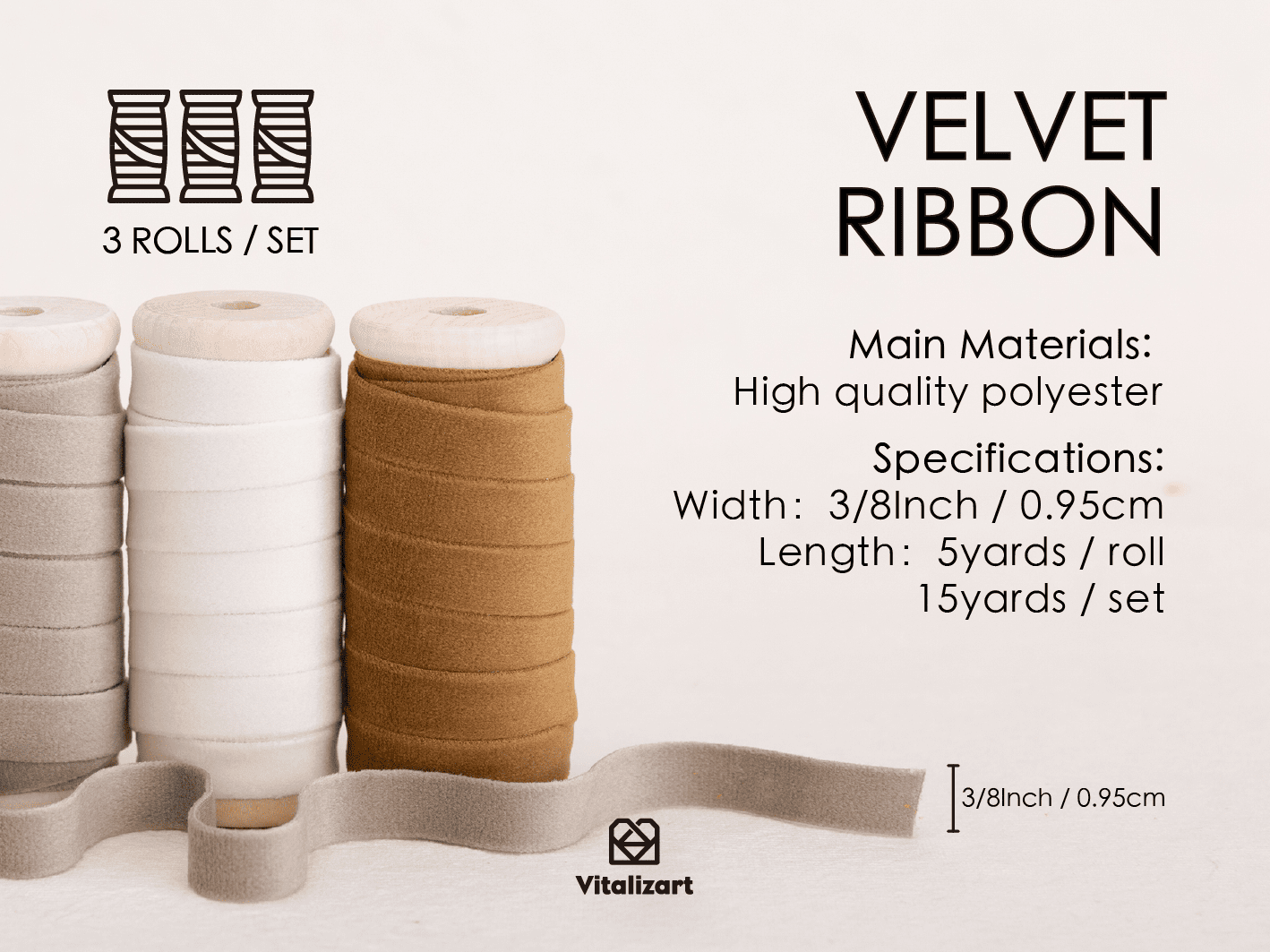 Velvet Ribbon With Wooden Spool 3/8" x 15 Yd (Khaki Ivory & Nude) - Vitalizart