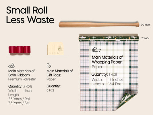 Vitalizart Christmas Wrapping Paper Roll Set 17" With Satin Ribbon & Gift Tags ( Christmas Wrapping Paper Set)