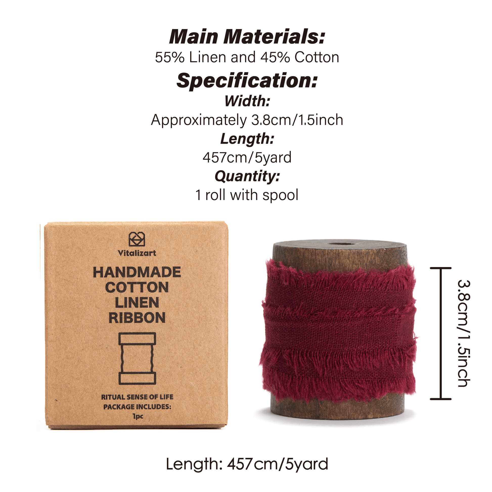 Cotton Linen Ribbon 1.5" x 5Yd (Burgundy) - Vitalizart