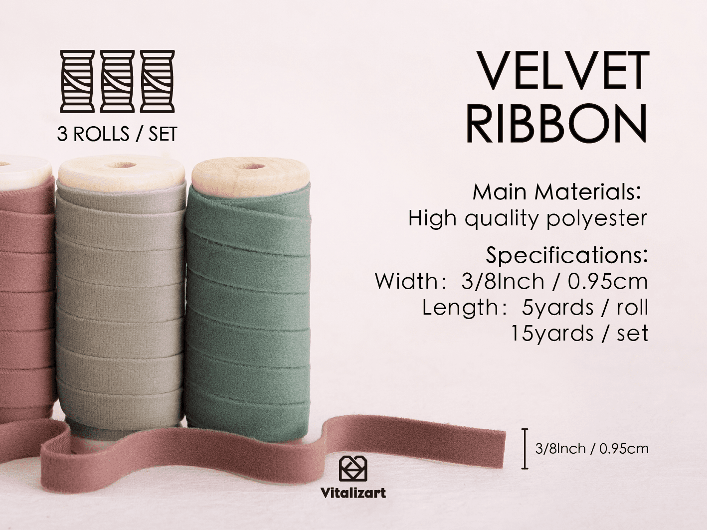 Velvet Ribbon With Wooden Spool 3/8" x 15 Yd (Red & Green) - Vitalizart