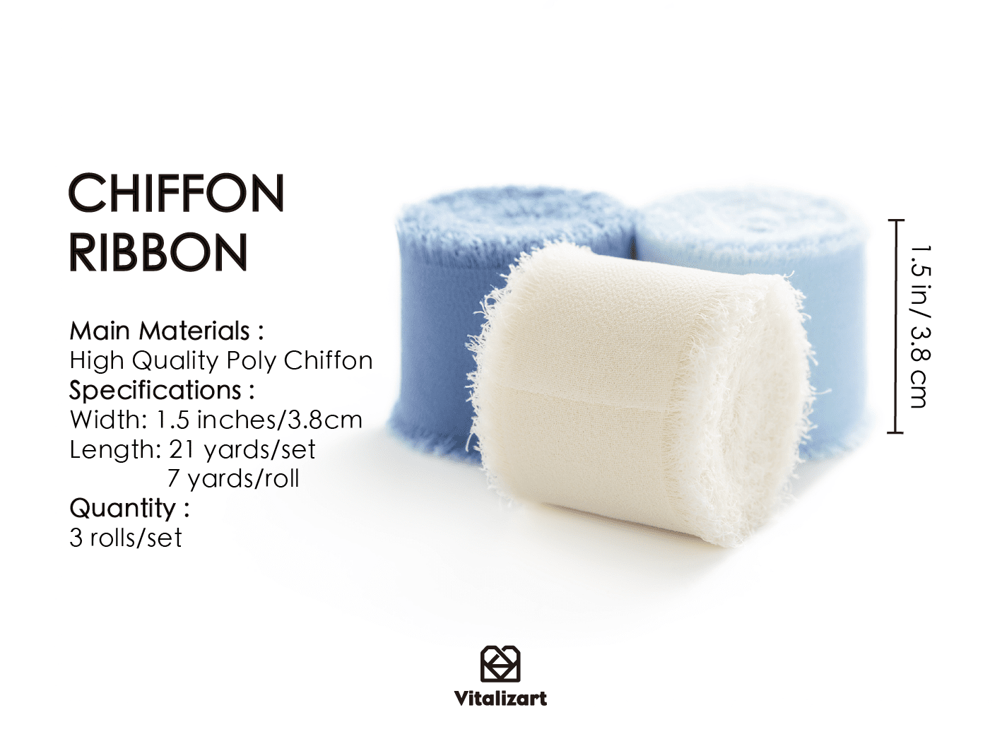 Fringe Chiffon Silk Ribbon 1 1/2 Inch x 21Yd (White & Blue) - Vitalizart