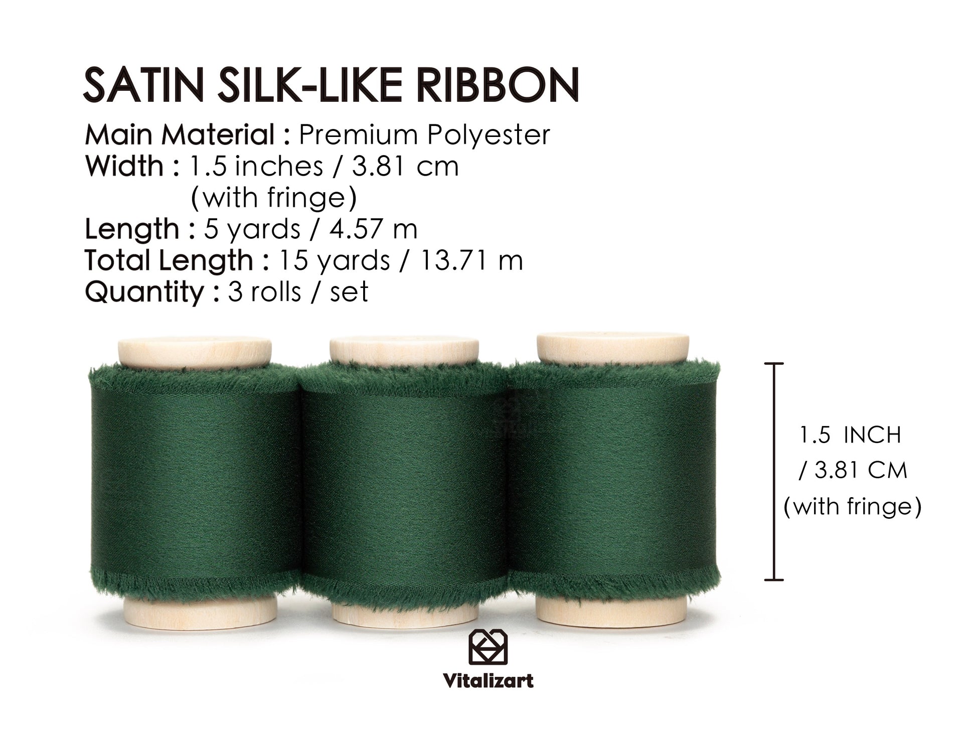 Silk Satin Ribbon with Wooden Spool 1.5” x 15 Yd (Dark Green) - Vitalizart