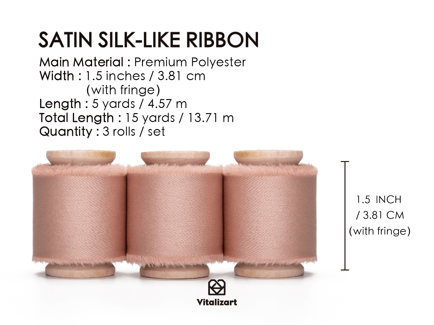 Silk Satin Ribbon with Wooden Spool 1.5” x 15 Yd (Rose Gold) - Vitalizart