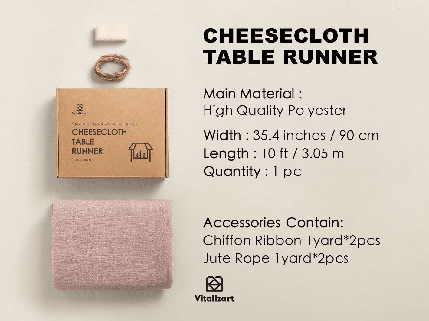 Cheesecloth Table Runner 35 x 120 Inches (Rosy Mauve) - Vitalizart