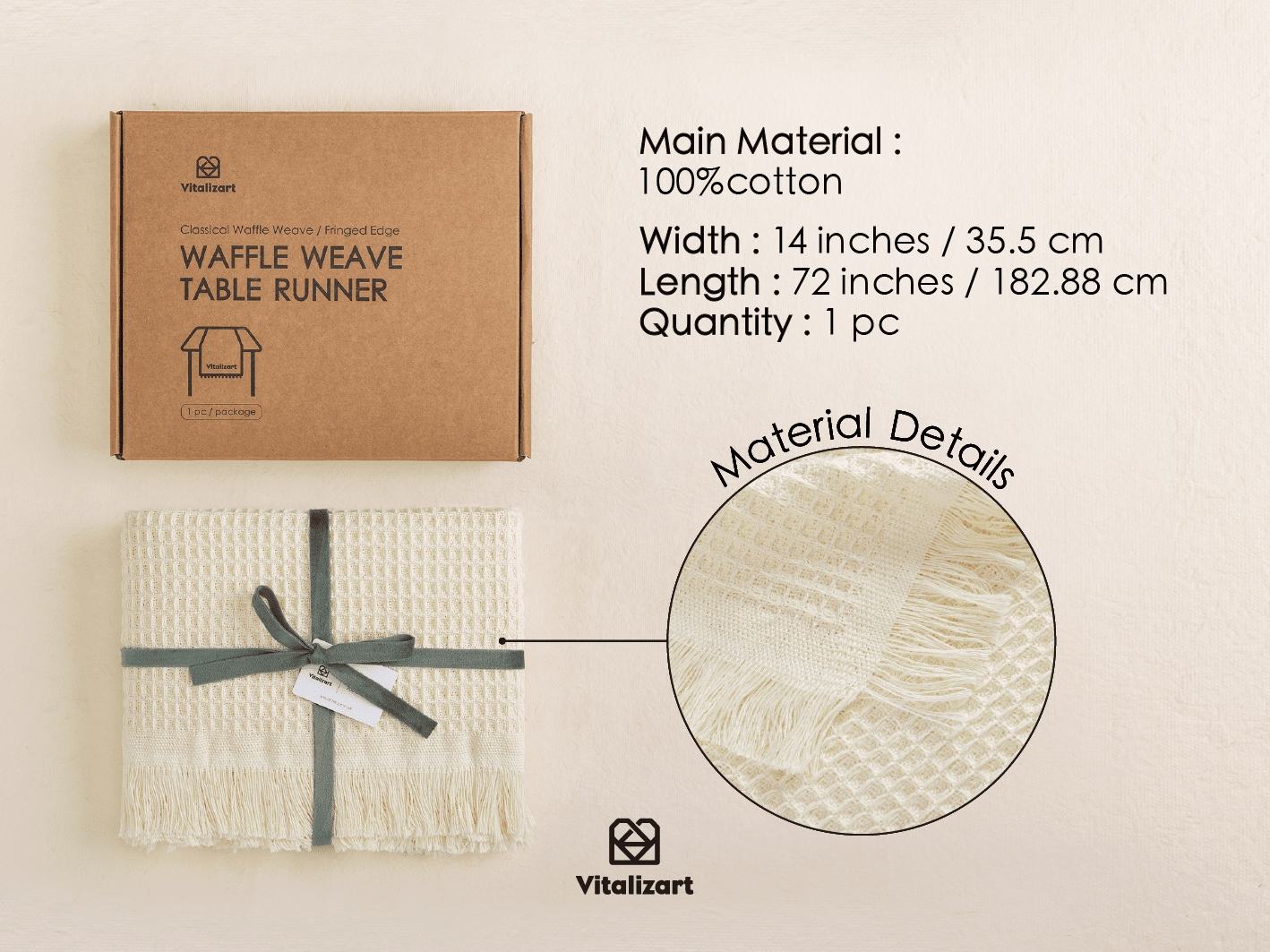 Waffle Weave Cotton Table Runner 14"x72" (Cream) - Vitalizart