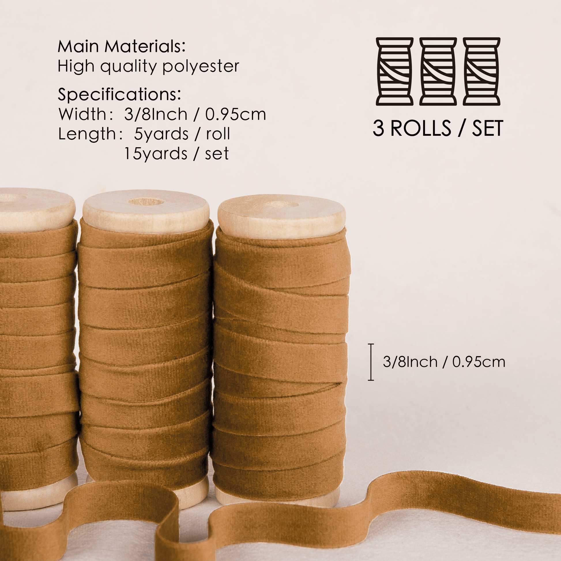 Velvet Ribbon With Wooden Spool 3/8" x 15 Yd (Khaki) - Vitalizart