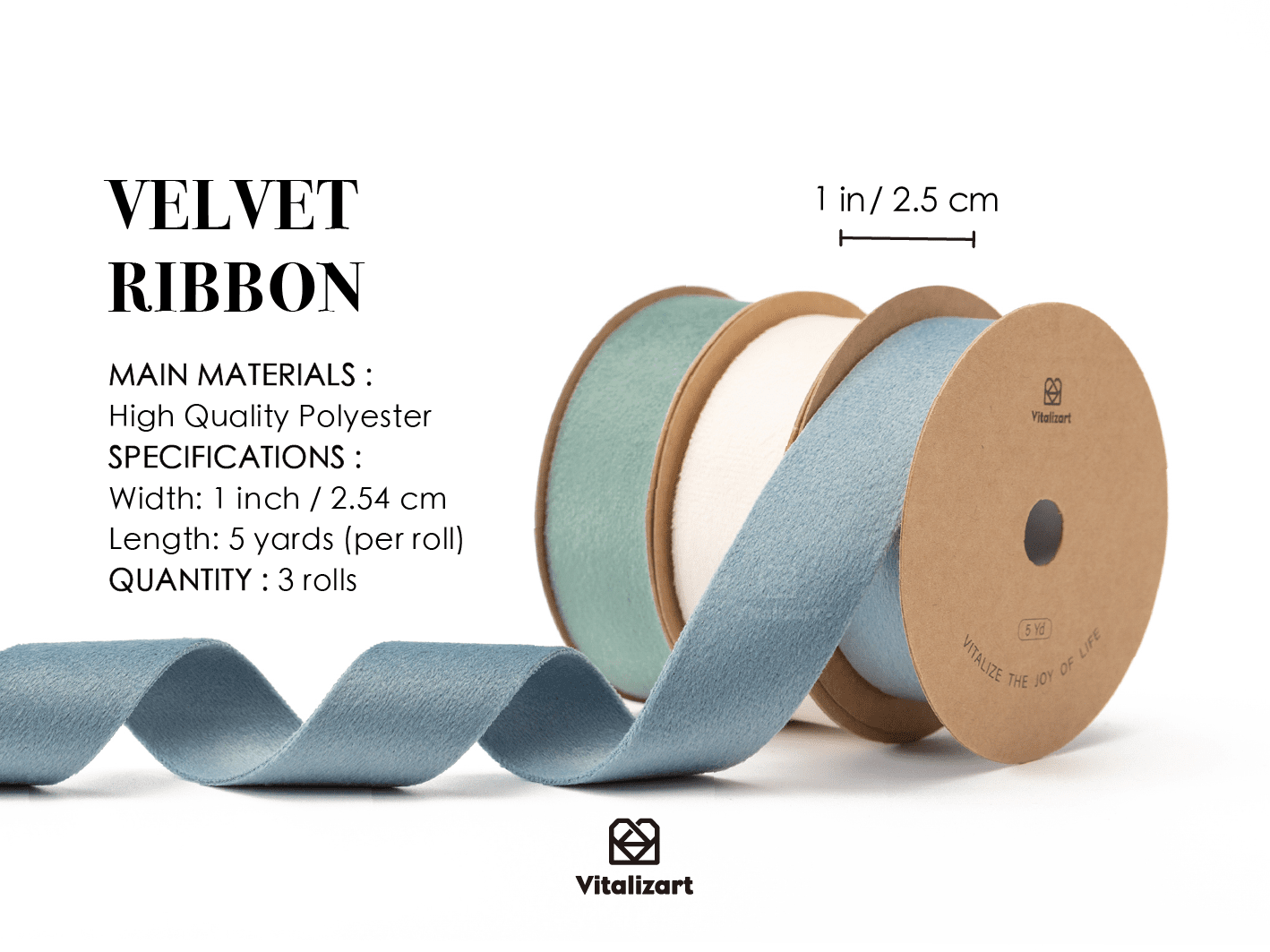 Double Faced Velvet Ribbon Set 1" x 15 Yd (Ivory & Dusty Green & Dusty Blue) - Vitalizart
